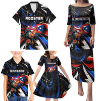 Puerto Rico Rooster Family Matching Puletasi and Hawaiian Shirt with Flag Design and Tropical Hibiscus Flowers