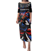 Puerto Rico Rooster Family Matching Puletasi and Hawaiian Shirt with Flag Design and Tropical Hibiscus Flowers