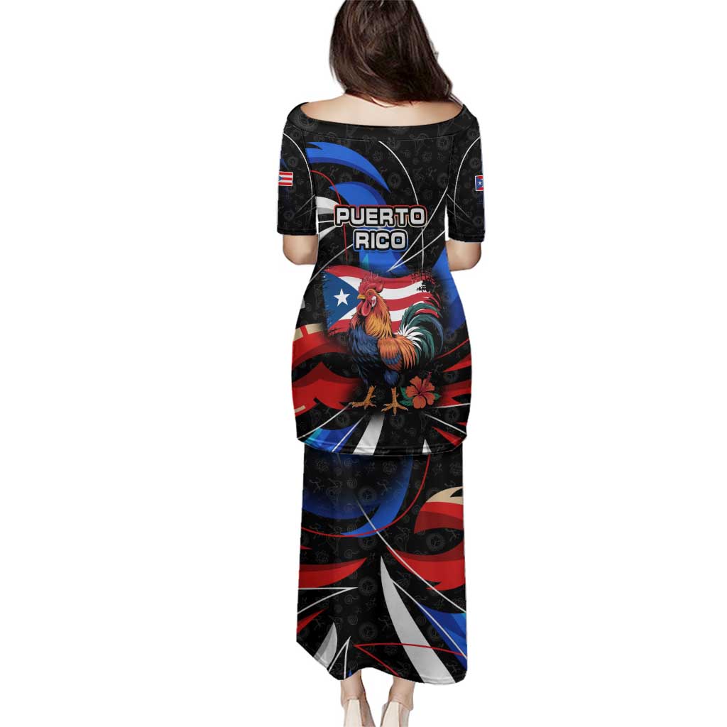 Puerto Rico Rooster Family Matching Puletasi and Hawaiian Shirt with Flag Design and Tropical Hibiscus Flowers