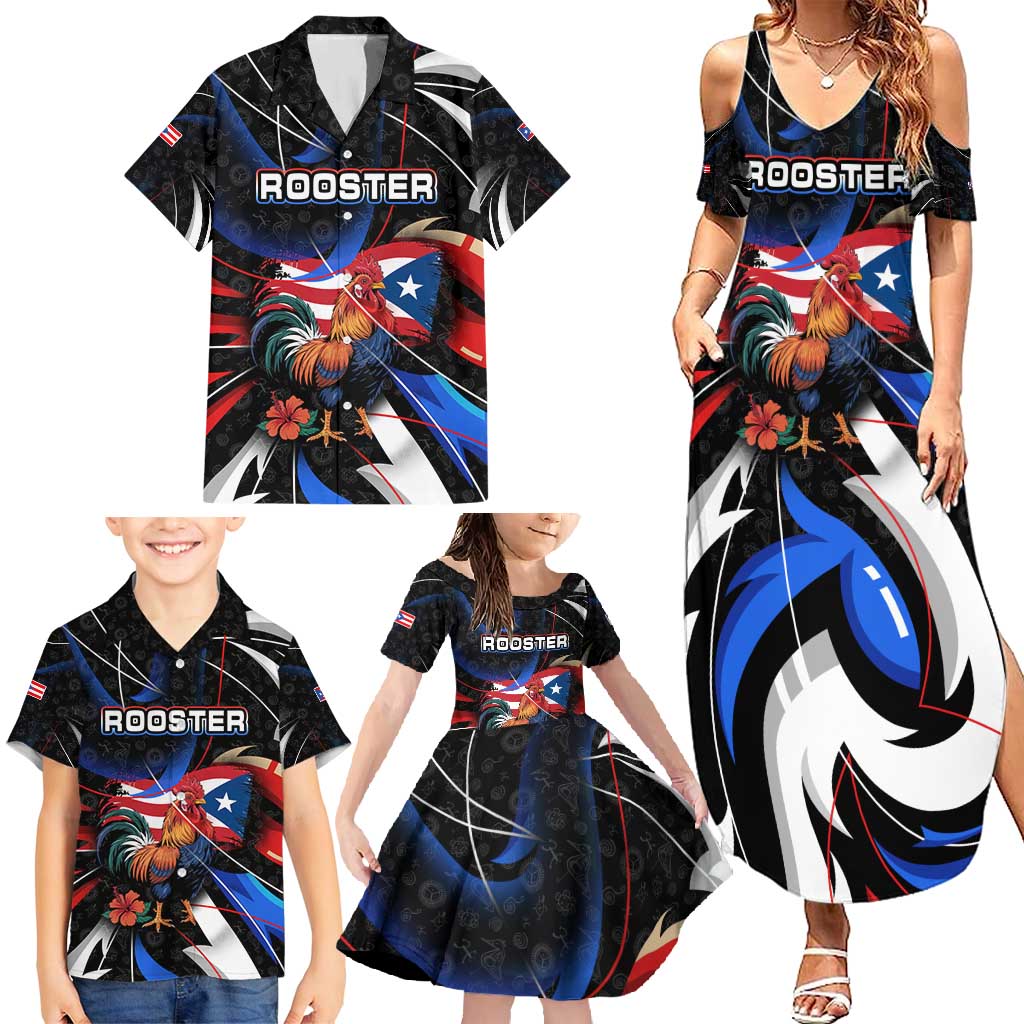 Puerto Rico Rooster Family Matching Summer Maxi Dress and Hawaiian Shirt with Flag Design and Tropical Hibiscus Flowers