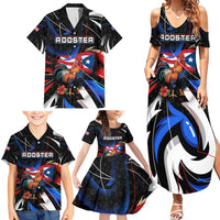 Puerto Rico Rooster Family Matching Summer Maxi Dress and Hawaiian Shirt with Flag Design and Tropical Hibiscus Flowers