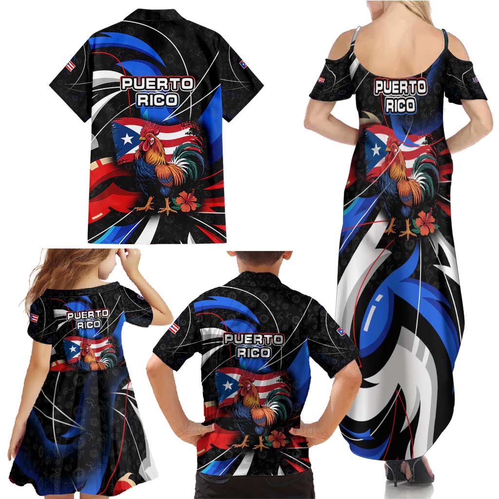 Puerto Rico Rooster Family Matching Summer Maxi Dress and Hawaiian Shirt with Flag Design and Tropical Hibiscus Flowers