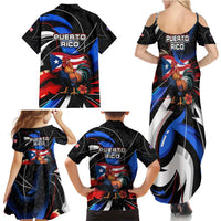 Puerto Rico Rooster Family Matching Summer Maxi Dress and Hawaiian Shirt with Flag Design and Tropical Hibiscus Flowers
