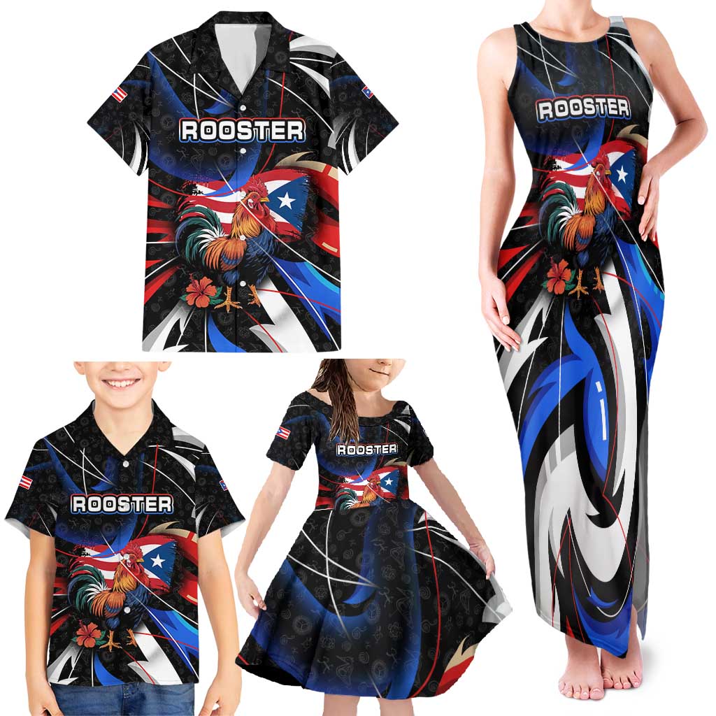 Puerto Rico Rooster Family Matching Tank Maxi Dress and Hawaiian Shirt with Flag Design and Tropical Hibiscus Flowers