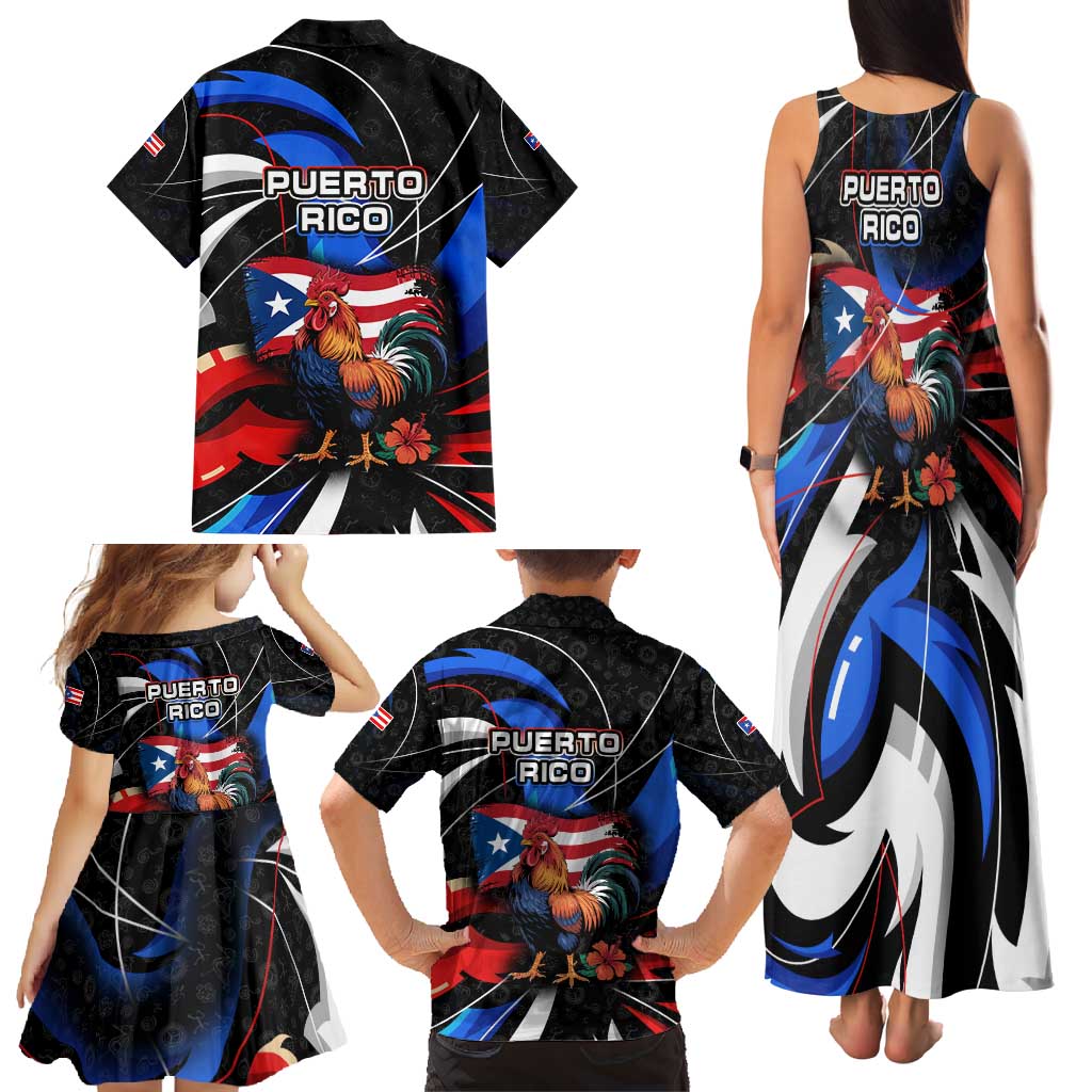 Puerto Rico Rooster Family Matching Tank Maxi Dress and Hawaiian Shirt with Flag Design and Tropical Hibiscus Flowers