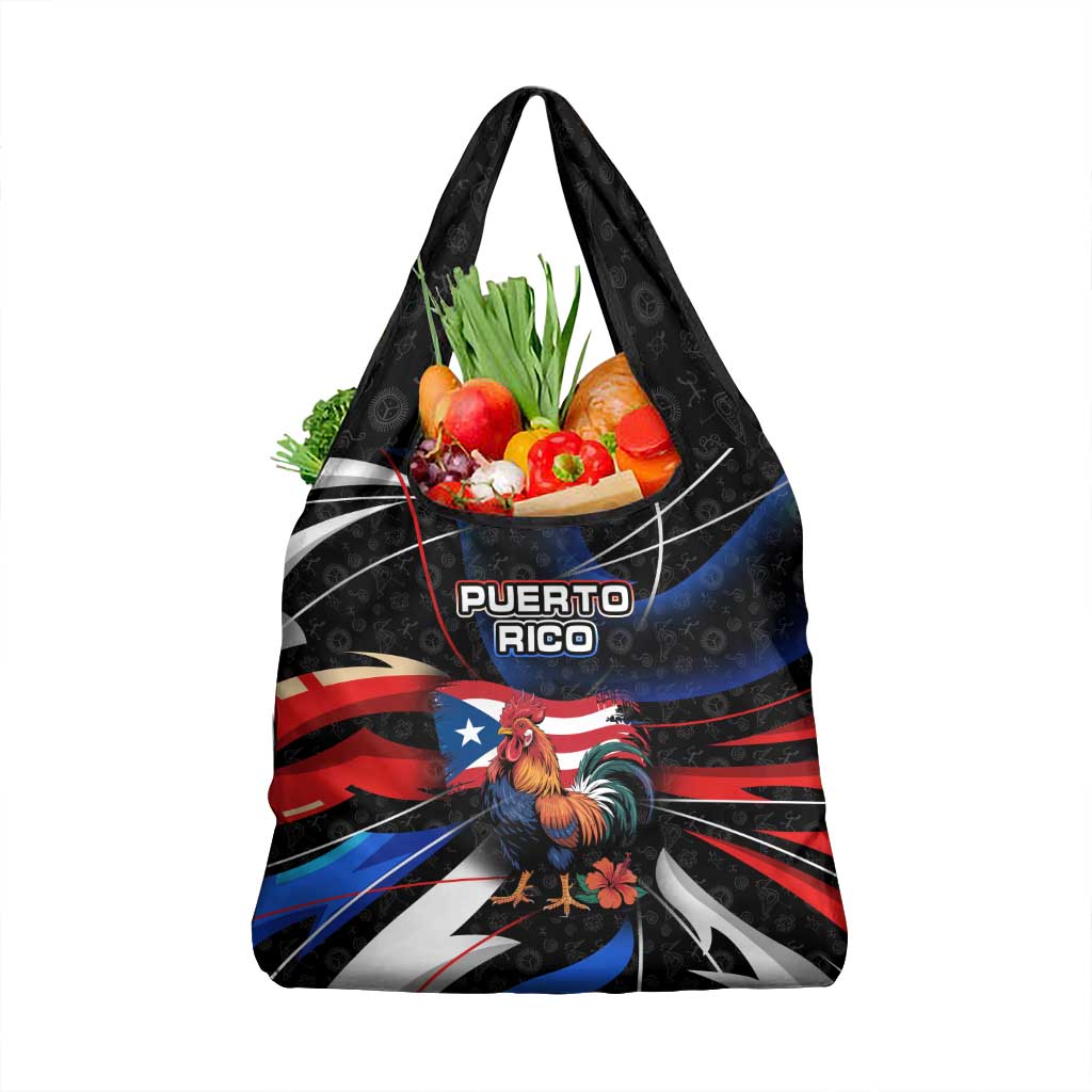 Puerto Rico Rooster Grocery Bag with Flag Design and Tropical Hibiscus Flowers