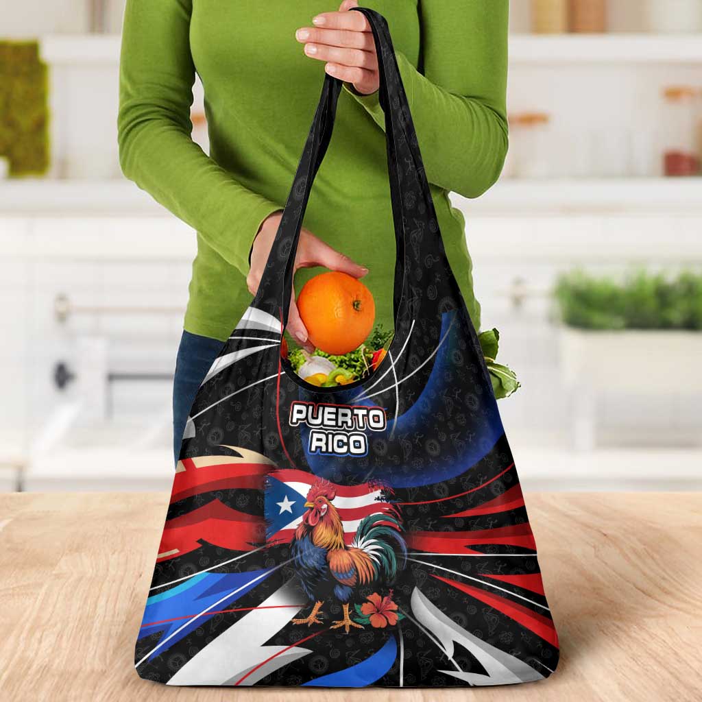 Puerto Rico Rooster Grocery Bag with Flag Design and Tropical Hibiscus Flowers