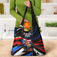 Puerto Rico Rooster Grocery Bag with Flag Design and Tropical Hibiscus Flowers