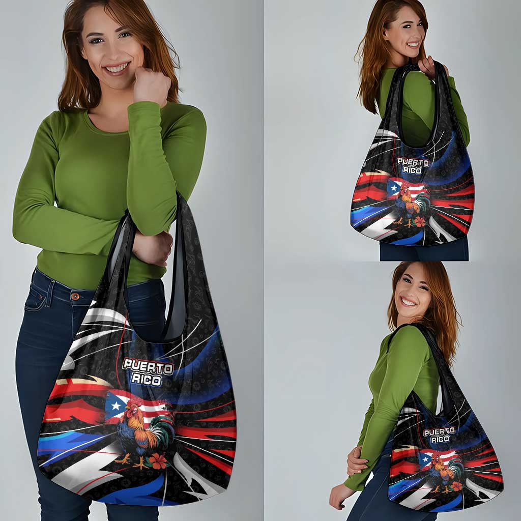 Puerto Rico Rooster Grocery Bag with Flag Design and Tropical Hibiscus Flowers