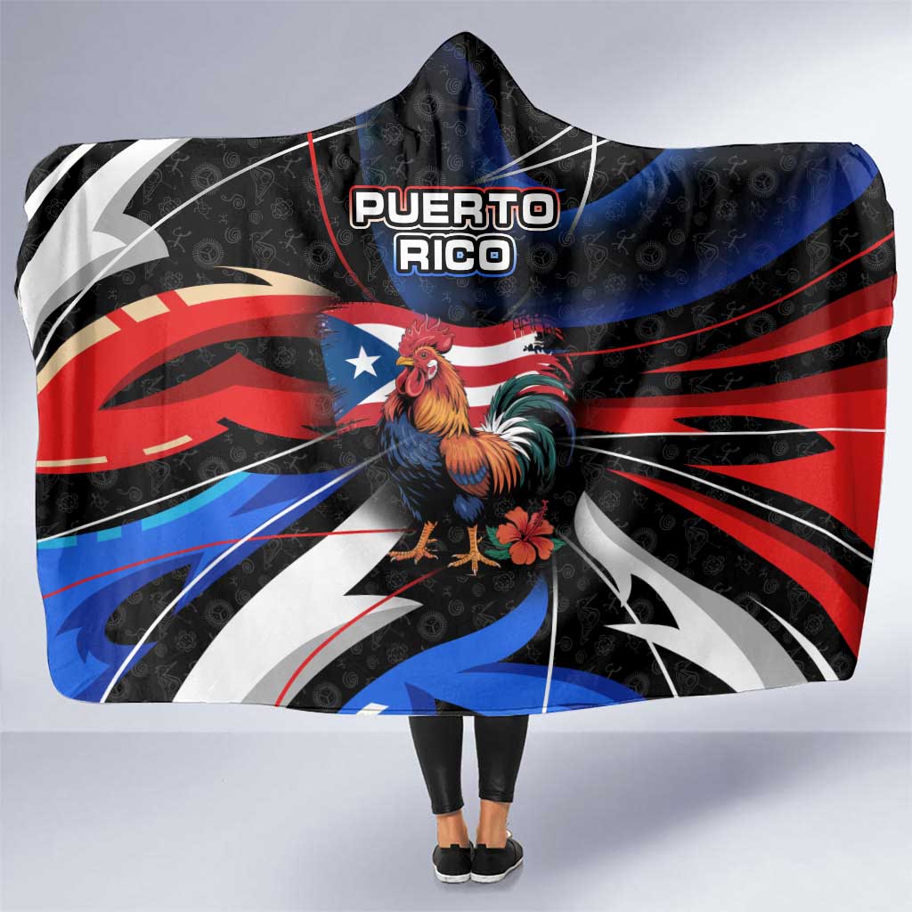 Puerto Rico Rooster Hooded Blanket with Flag Design and Tropical Hibiscus Flowers