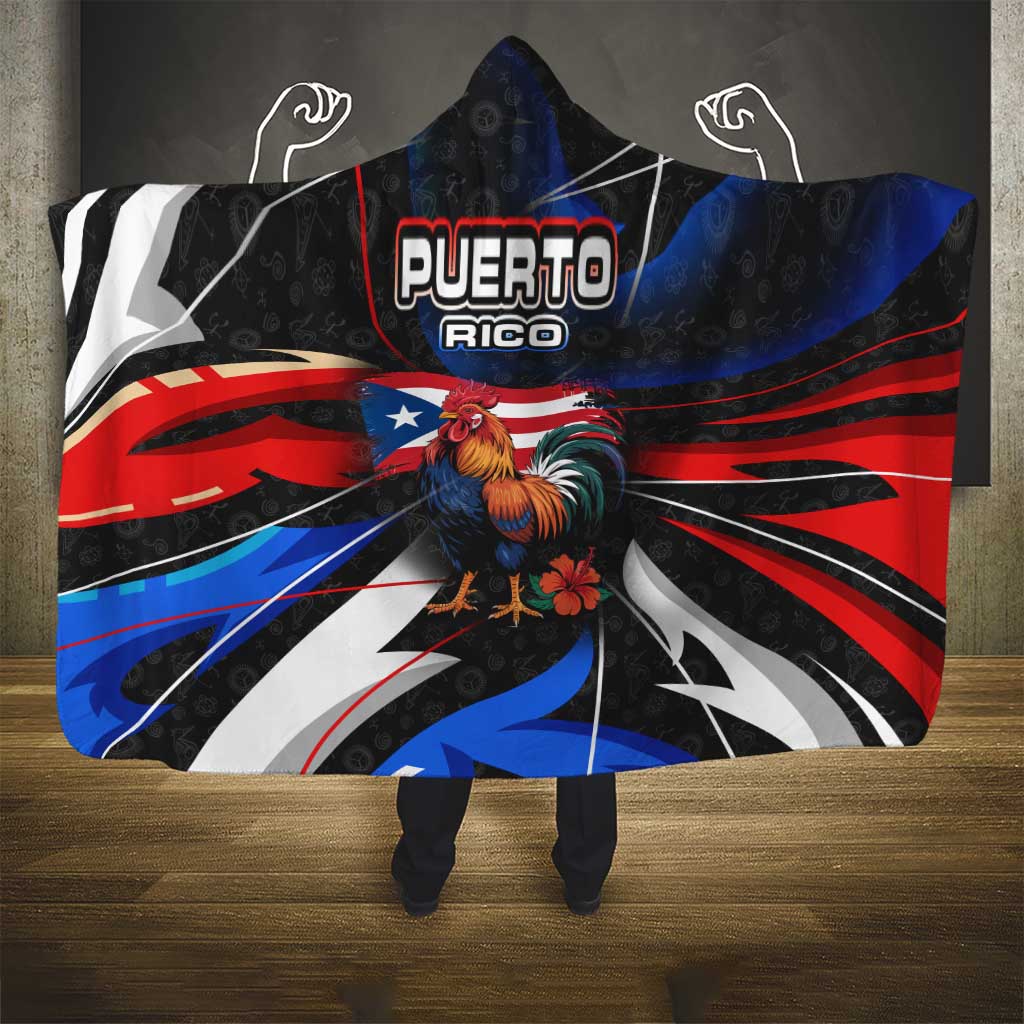 Puerto Rico Rooster Hooded Blanket with Flag Design and Tropical Hibiscus Flowers