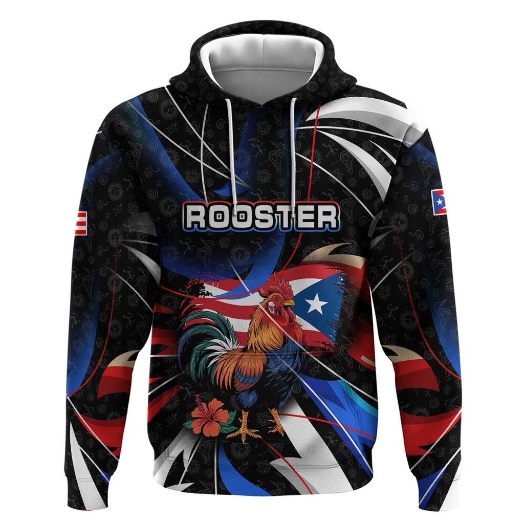 Puerto Rico Rooster Hoodie with Flag Design and Tropical Hibiscus Flowers