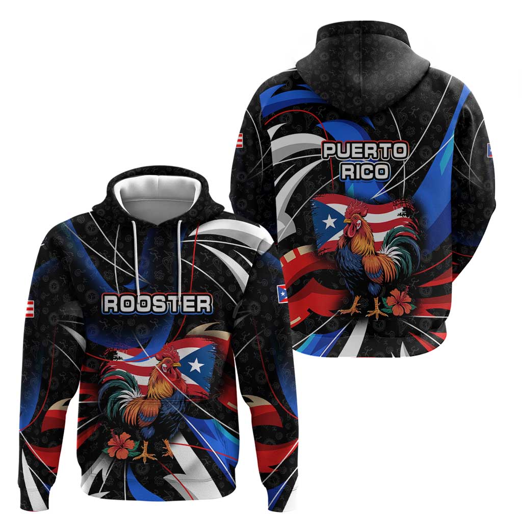 Puerto Rico Rooster Hoodie with Flag Design and Tropical Hibiscus Flowers