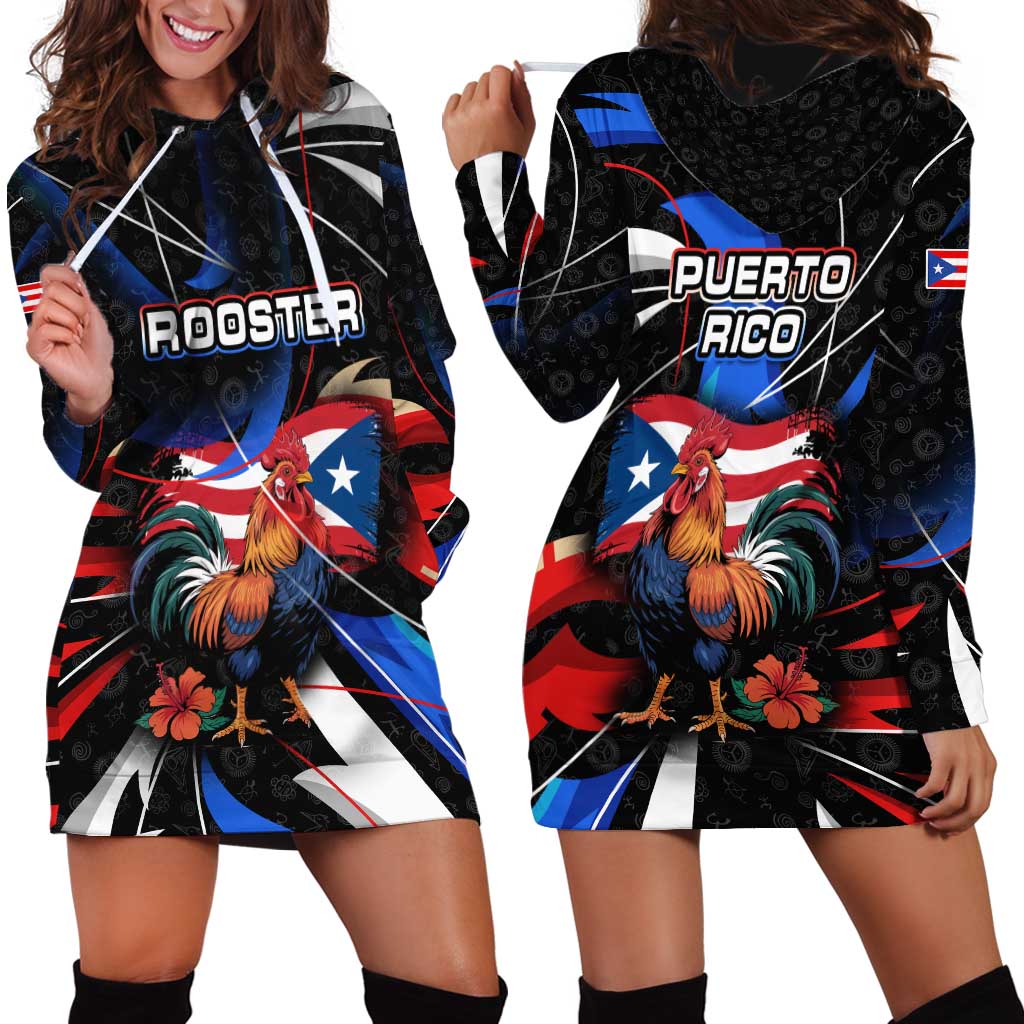 Puerto Rico Rooster Hoodie Dress with Flag Design and Tropical Hibiscus Flowers