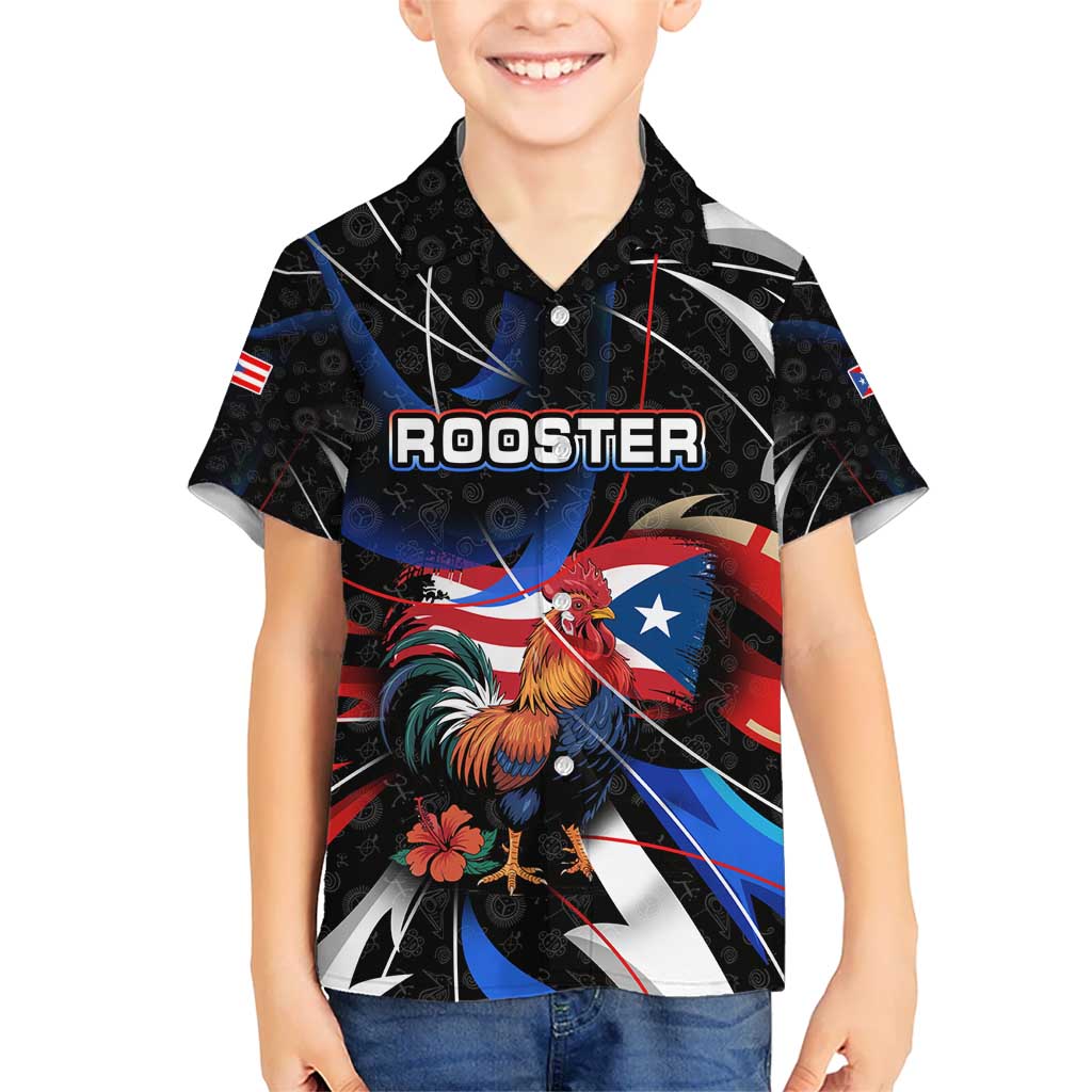 Puerto Rico Rooster Kid Hawaiian Shirt with Flag Design and Tropical Hibiscus Flowers