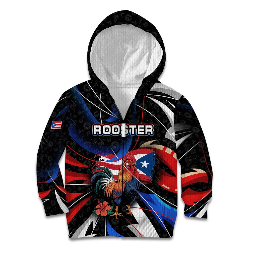 Puerto Rico Rooster Kid Hoodie with Flag Design and Tropical Hibiscus Flowers