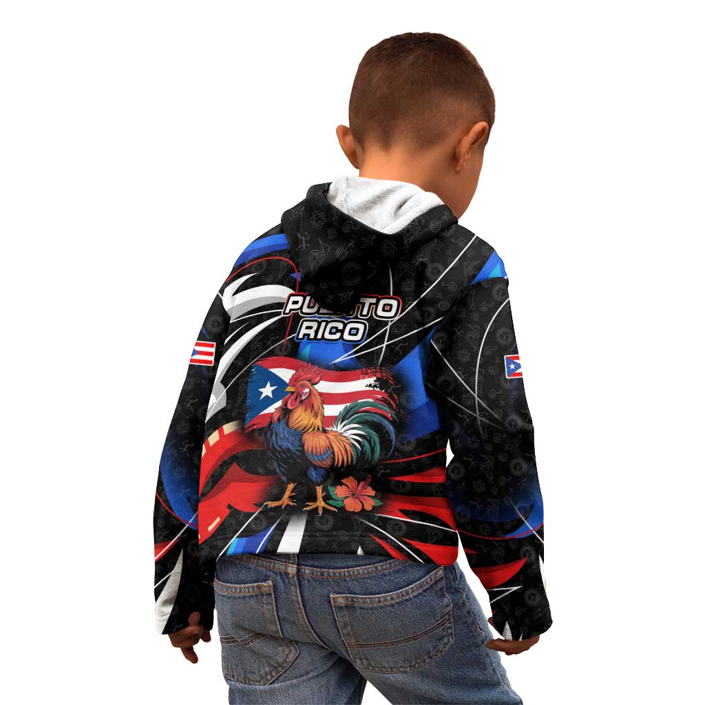Puerto Rico Rooster Kid Hoodie with Flag Design and Tropical Hibiscus Flowers