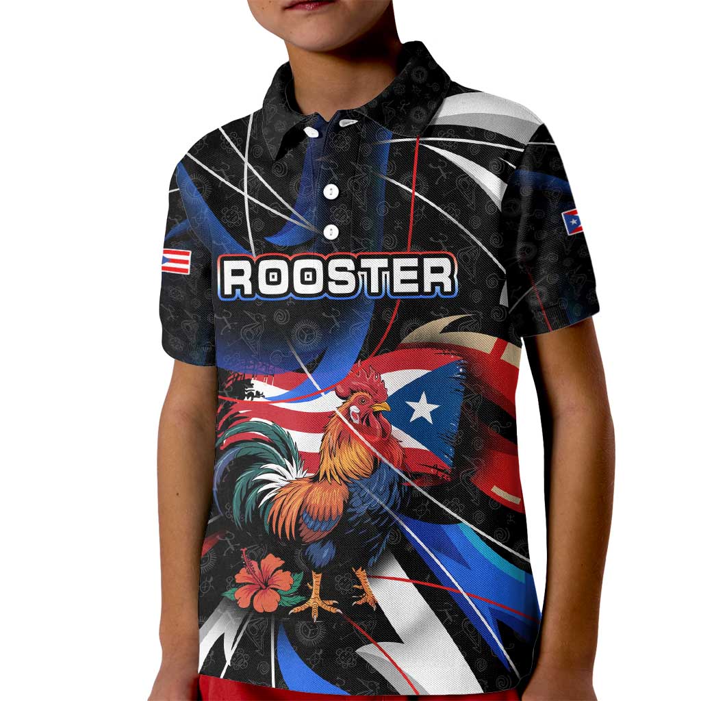 Puerto Rico Rooster Kid Polo Shirt with Flag Design and Tropical Hibiscus Flowers