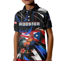 Puerto Rico Rooster Kid Polo Shirt with Flag Design and Tropical Hibiscus Flowers