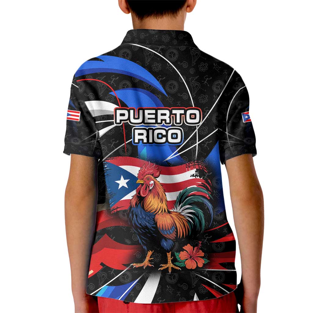 Puerto Rico Rooster Kid Polo Shirt with Flag Design and Tropical Hibiscus Flowers