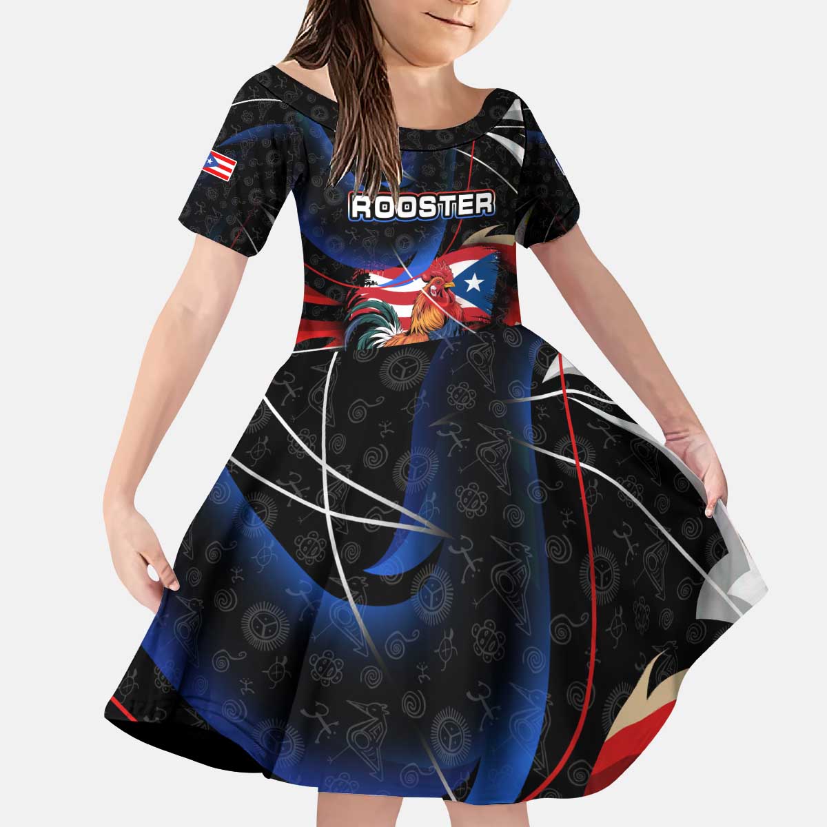 Puerto Rico Rooster Kid Short Sleeve Dress with Flag Design and Tropical Hibiscus Flowers