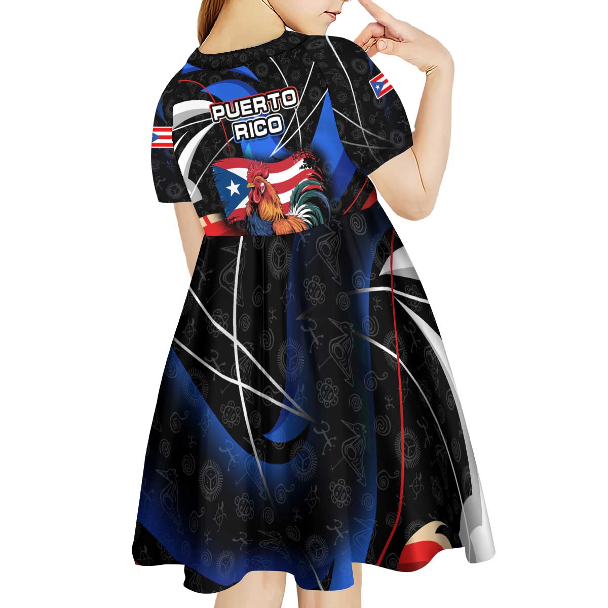 Puerto Rico Rooster Kid Short Sleeve Dress with Flag Design and Tropical Hibiscus Flowers