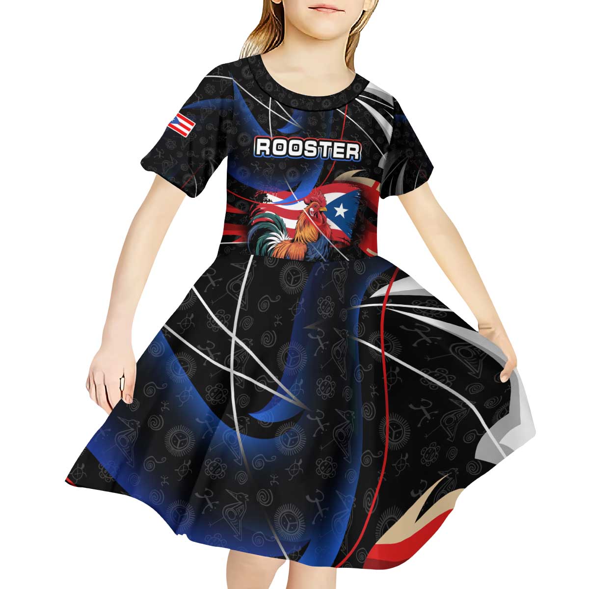 Puerto Rico Rooster Kid Short Sleeve Dress with Flag Design and Tropical Hibiscus Flowers