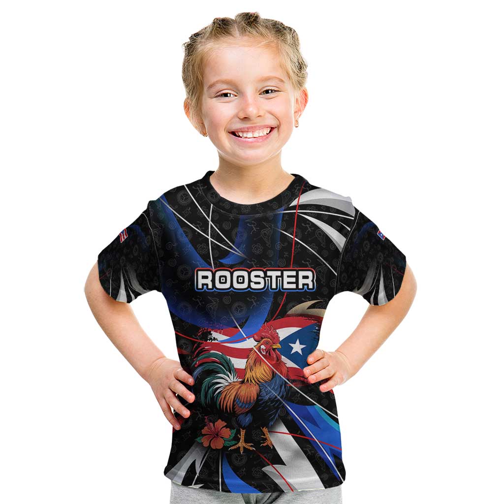 Puerto Rico Rooster Kid T Shirt with Flag Design and Tropical Hibiscus Flowers