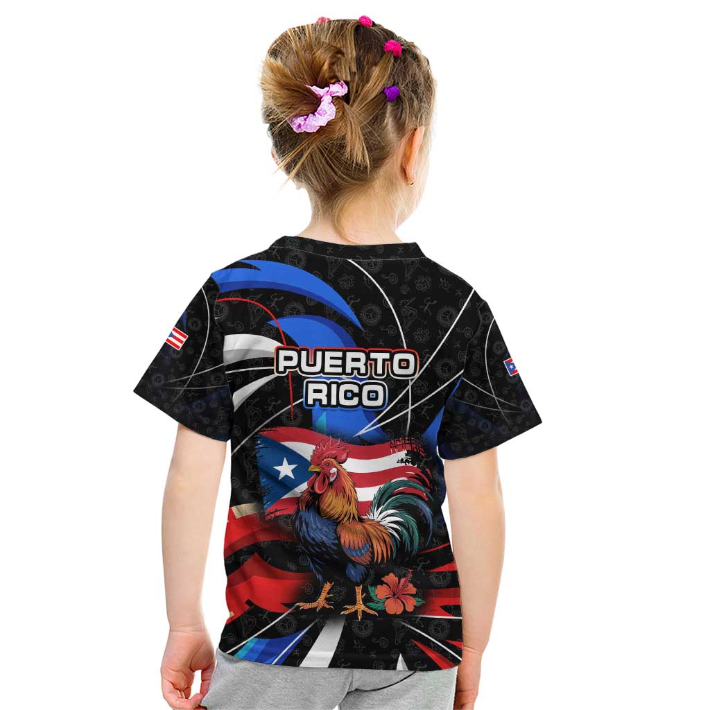 Puerto Rico Rooster Kid T Shirt with Flag Design and Tropical Hibiscus Flowers