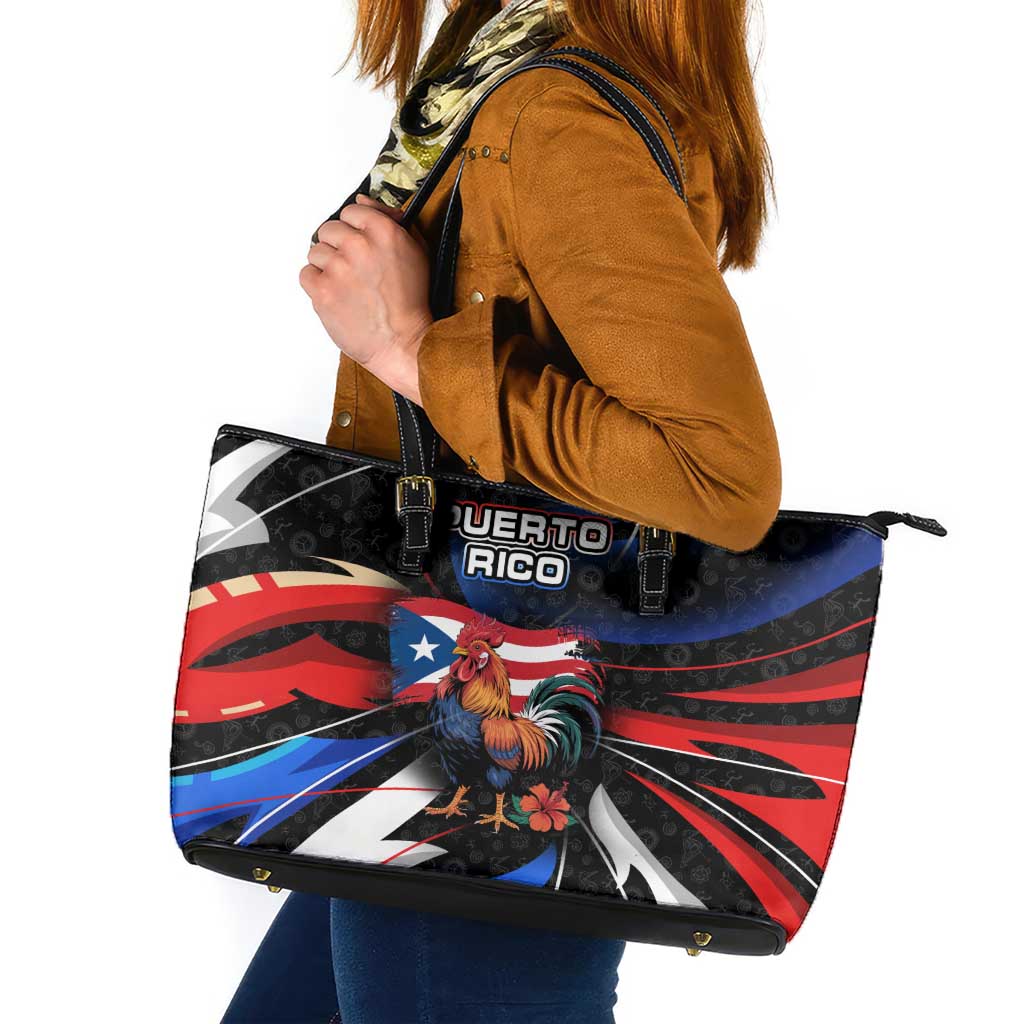 Puerto Rico Rooster Leather Tote Bag with Flag Design and Tropical Hibiscus Flowers