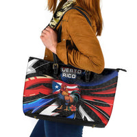 Puerto Rico Rooster Leather Tote Bag with Flag Design and Tropical Hibiscus Flowers