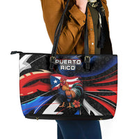 Puerto Rico Rooster Leather Tote Bag with Flag Design and Tropical Hibiscus Flowers