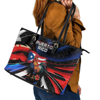 Puerto Rico Rooster Leather Tote Bag with Flag Design and Tropical Hibiscus Flowers