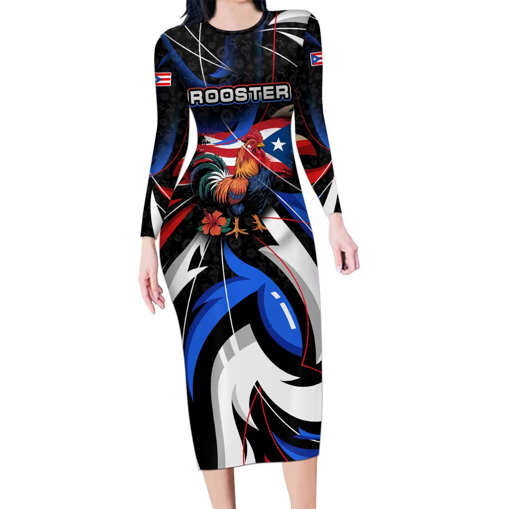 Puerto Rico Rooster Long Sleeve Bodycon Dress with Flag Design and Tropical Hibiscus Flowers