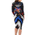 Puerto Rico Rooster Long Sleeve Bodycon Dress with Flag Design and Tropical Hibiscus Flowers