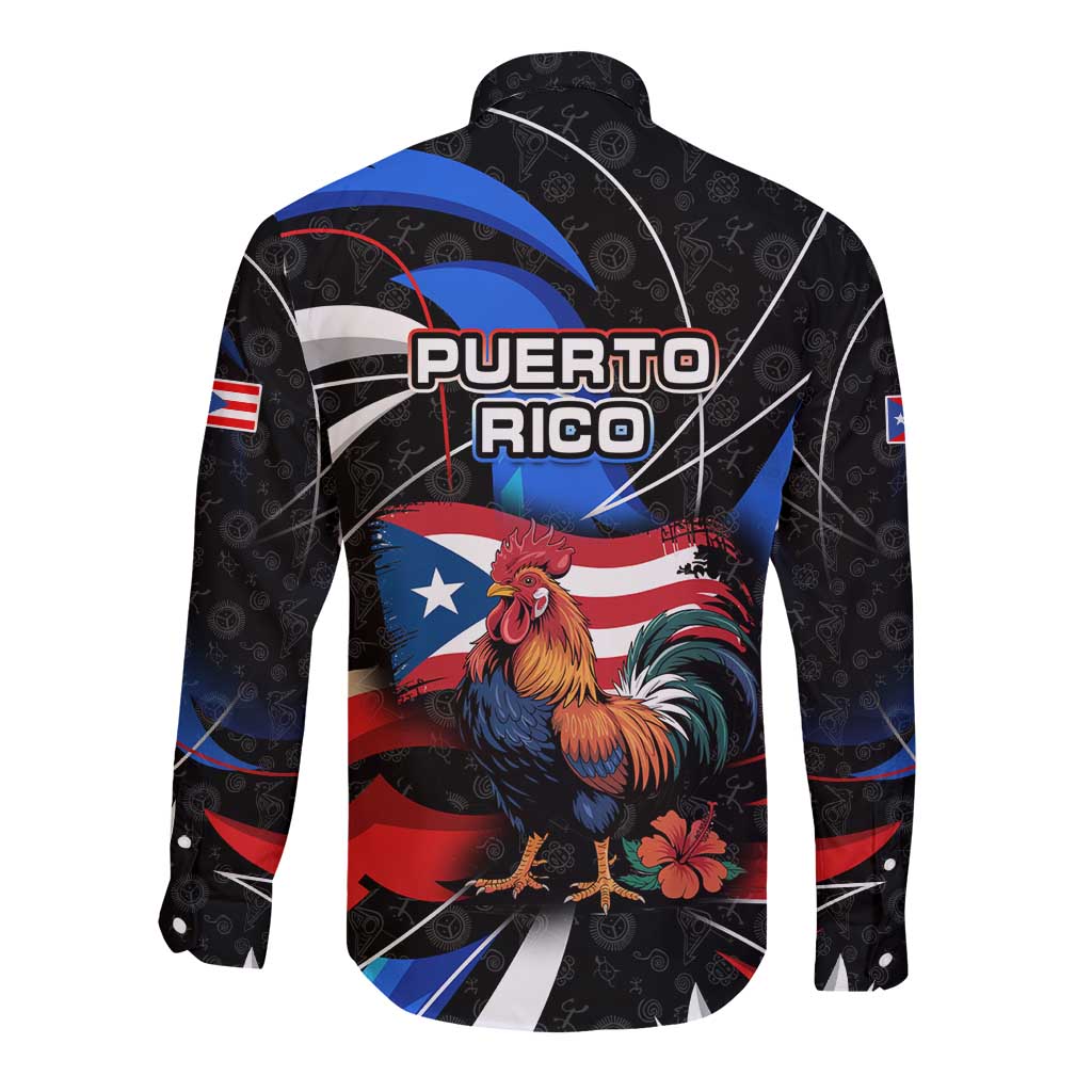 Puerto Rico Rooster Long Sleeve Button Shirt with Flag Design and Tropical Hibiscus Flowers