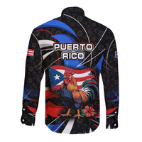 Puerto Rico Rooster Long Sleeve Button Shirt with Flag Design and Tropical Hibiscus Flowers