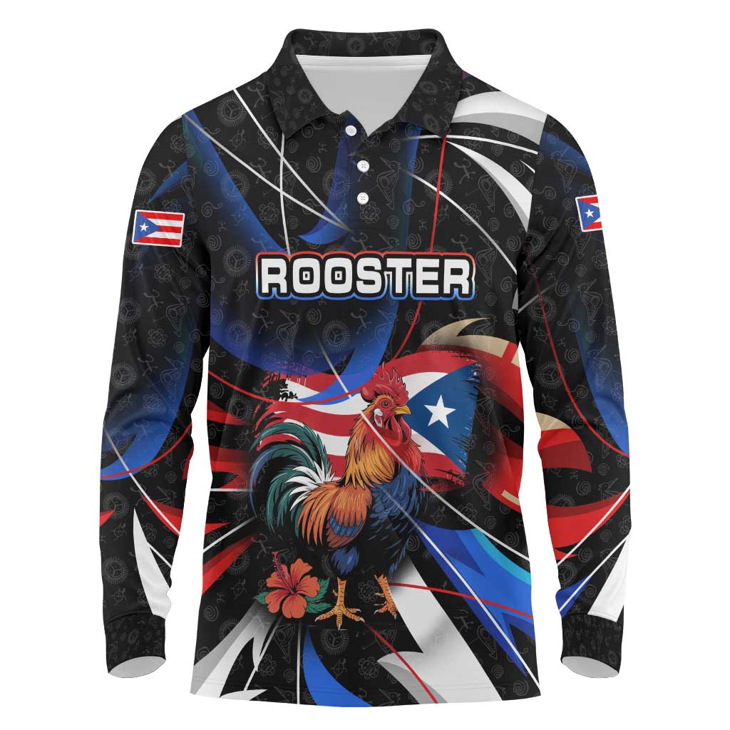 Puerto Rico Rooster Long Sleeve Polo Shirt with Flag Design and Tropical Hibiscus Flowers