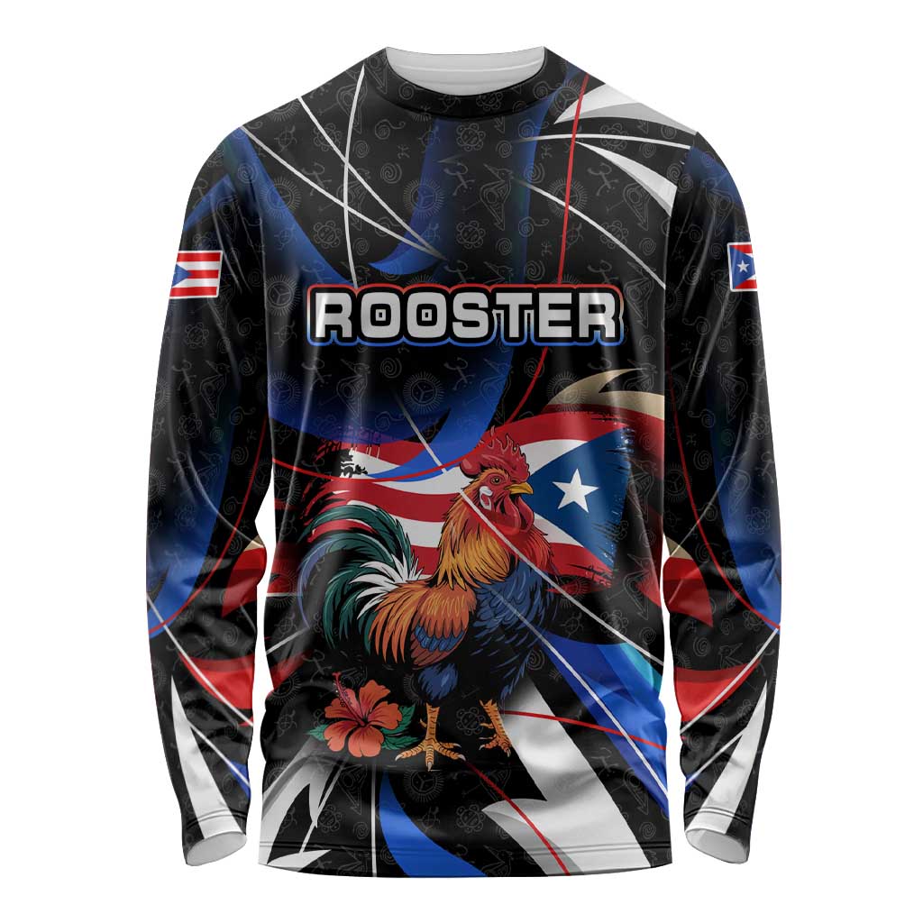 Puerto Rico Rooster Long Sleeve Shirt with Flag Design and Tropical Hibiscus Flowers