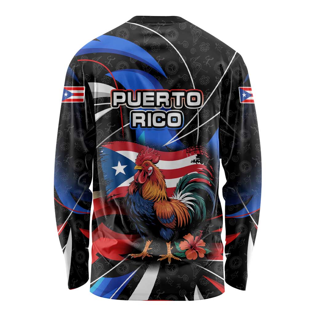 Puerto Rico Rooster Long Sleeve Shirt with Flag Design and Tropical Hibiscus Flowers