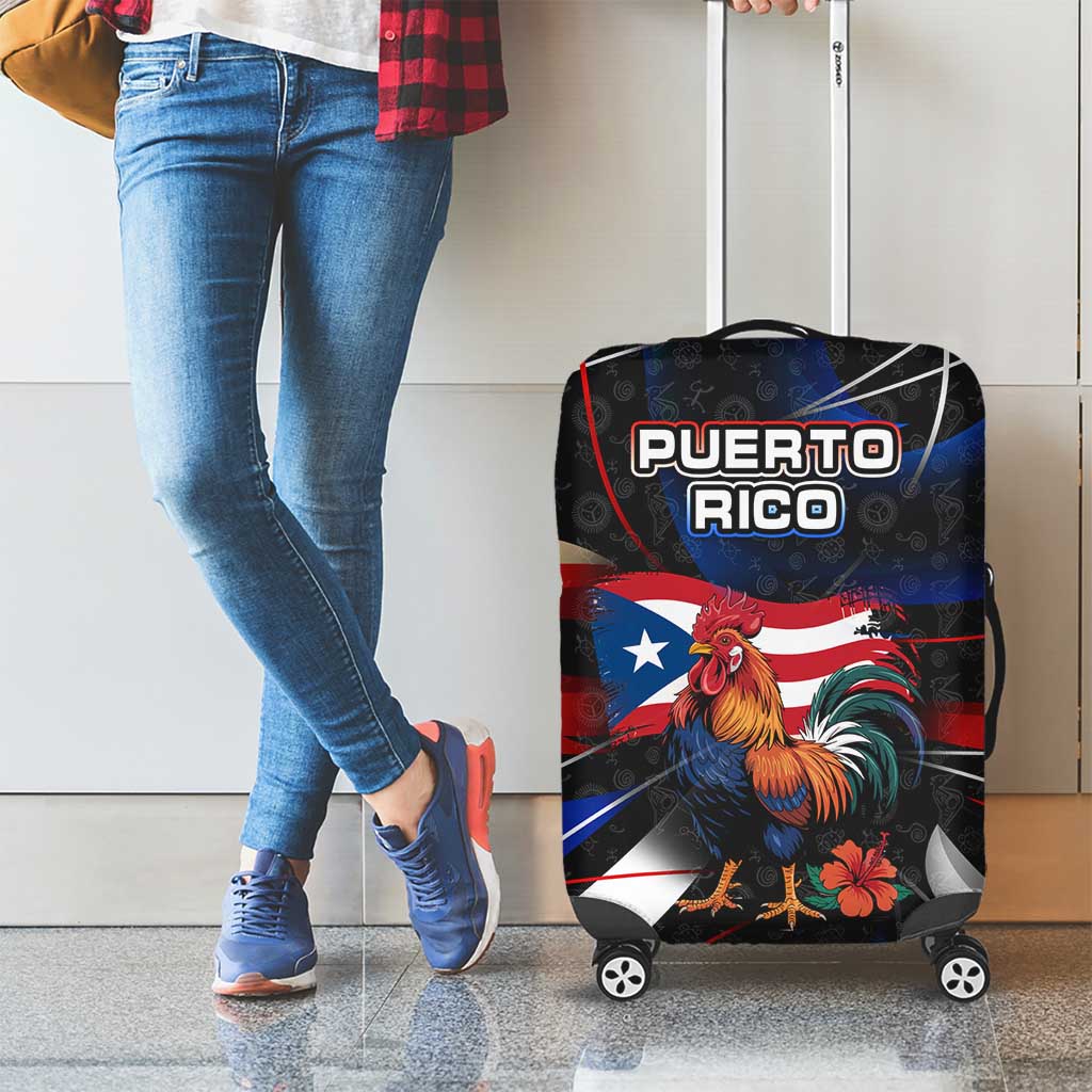 Puerto Rico Rooster Luggage Cover with Flag Design and Tropical Hibiscus Flowers