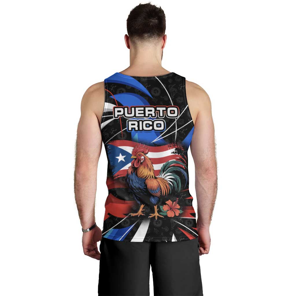 Puerto Rico Rooster Men Tank Top with Flag Design and Tropical Hibiscus Flowers