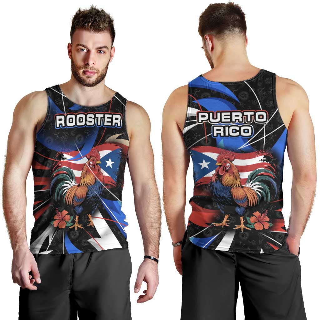 Puerto Rico Rooster Men Tank Top with Flag Design and Tropical Hibiscus Flowers