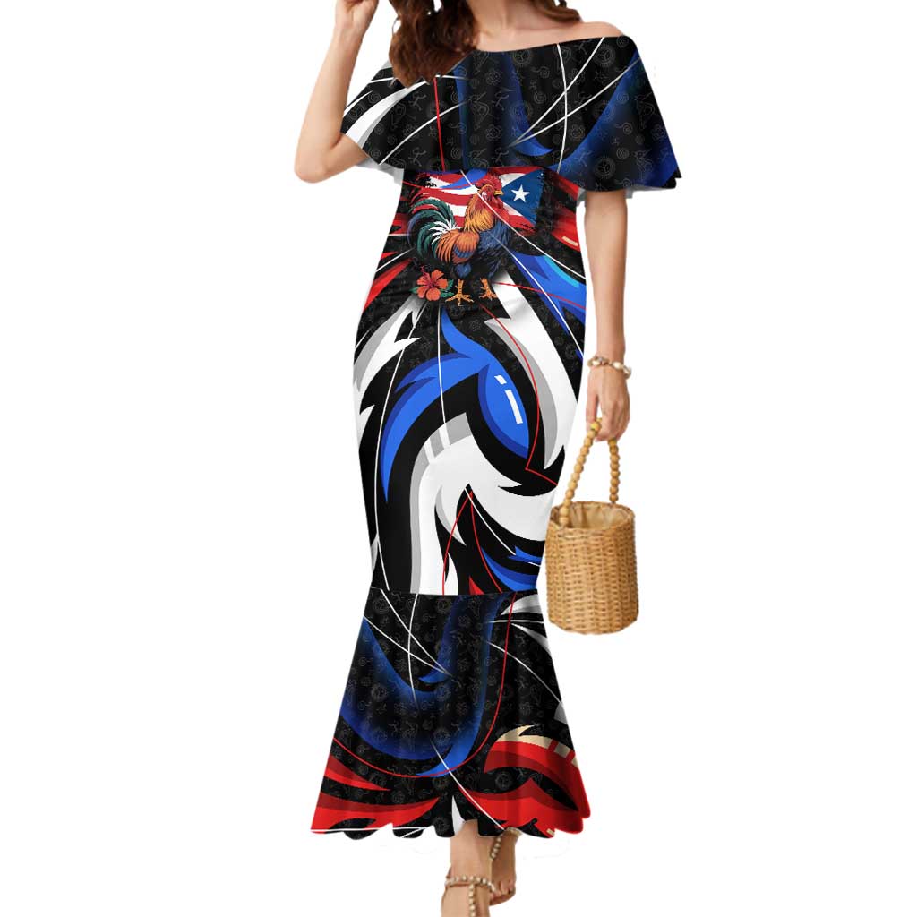 Puerto Rico Rooster Mermaid Dress with Flag Design and Tropical Hibiscus Flowers