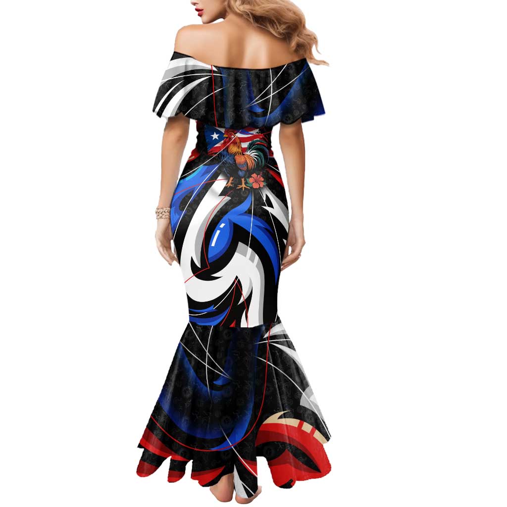 Puerto Rico Rooster Mermaid Dress with Flag Design and Tropical Hibiscus Flowers