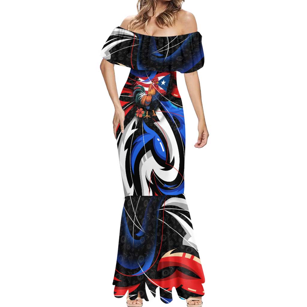 Puerto Rico Rooster Mermaid Dress with Flag Design and Tropical Hibiscus Flowers