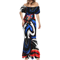 Puerto Rico Rooster Mermaid Dress with Flag Design and Tropical Hibiscus Flowers