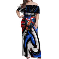 Puerto Rico Rooster Off Shoulder Maxi Dress with Flag Design and Tropical Hibiscus Flowers