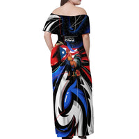 Puerto Rico Rooster Off Shoulder Maxi Dress with Flag Design and Tropical Hibiscus Flowers