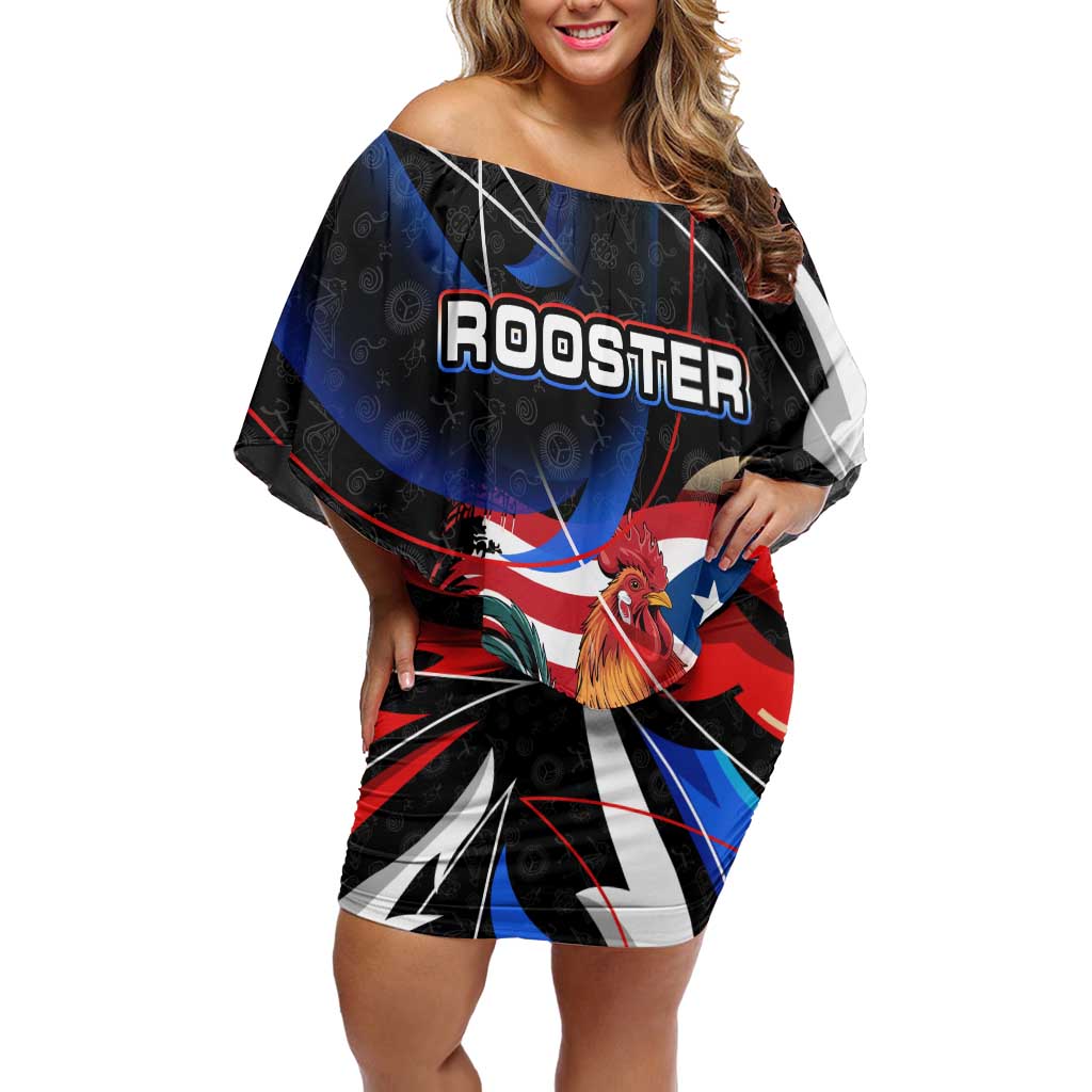 Puerto Rico Rooster Off Shoulder Short Dress with Flag Design and Tropical Hibiscus Flowers